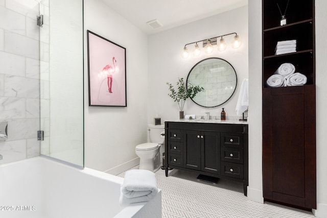 full bathroom featuring a shower with door, toilet, a tub to relax in, vanity, and baseboards