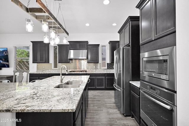 kitchen featuring under cabinet range hood, stainless steel appliances, decorative backsplash, and a sink