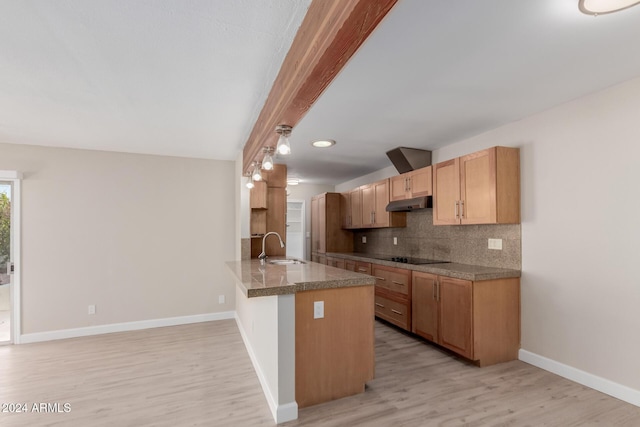 kitchen with kitchen peninsula, decorative backsplash, light hardwood / wood-style flooring, and sink