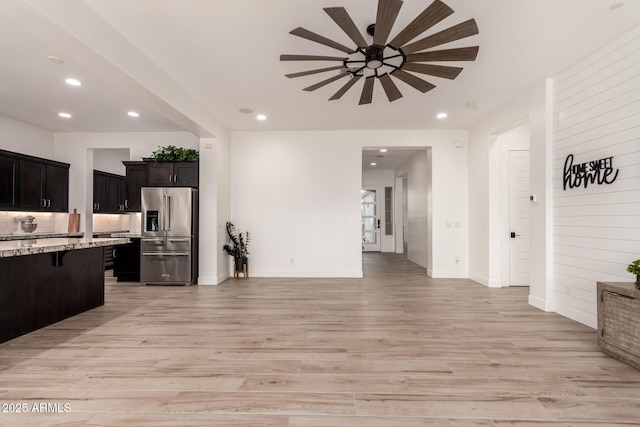 2316 E Canary Dr, Gilbert, AZ 85297 - kitchen featuring high quality fridge, open floor plan, ceiling fan, a breakfast bar, and recessed lighting