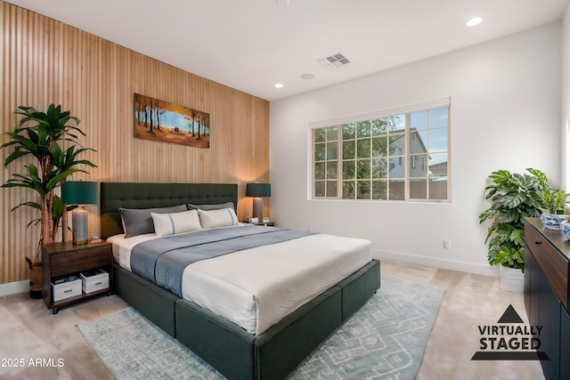 2316 E Canary Dr, Gilbert, AZ 85297 - bedroom featuring wooden walls, baseboards, an accent wall, and recessed lighting