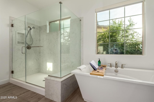 2316 E Canary Dr, Gilbert, AZ 85297 - full bathroom with wood finished floors, a freestanding bath, and a marble finish shower