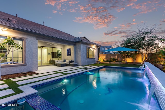 2316 E Canary Dr, Gilbert, AZ 85297 - view of pool featuring outdoor lounge area, a fenced backyard, a patio, and ceiling fan