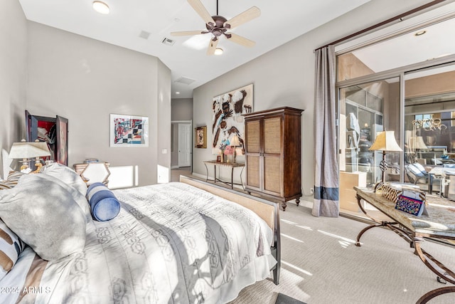 bedroom featuring light carpet and ceiling fan