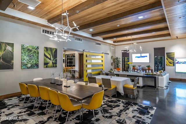 dining space with a barn door, beamed ceiling, wood ceiling, and a notable chandelier