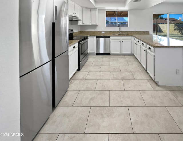 kitchen featuring dark stone counters, white cabinets, sink, kitchen peninsula, and stainless steel appliances