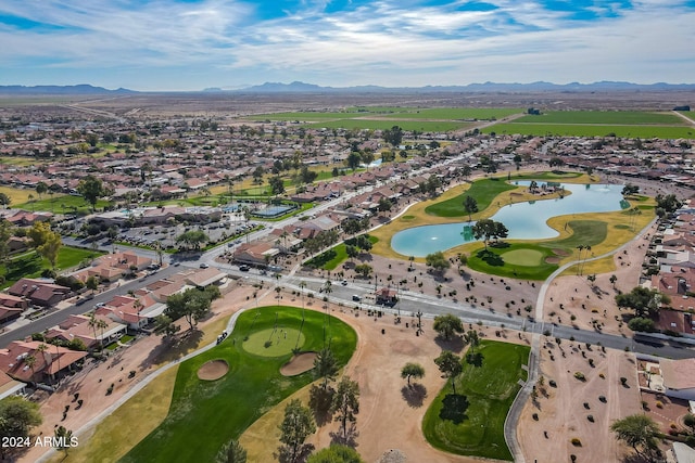 bird's eye view with a water and mountain view