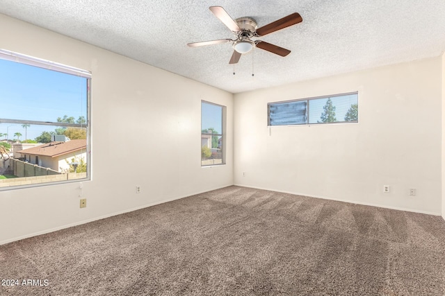 carpeted empty room with baseboards, plenty of natural light, a ceiling fan, and a textured ceiling