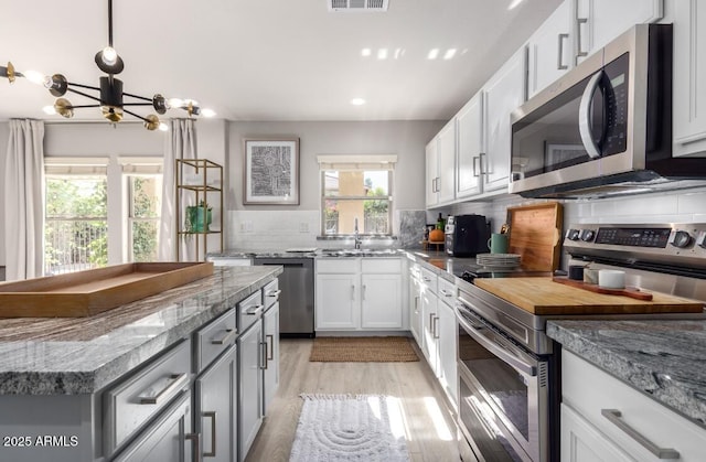 kitchen with sink, decorative light fixtures, white cabinets, stainless steel appliances, and backsplash