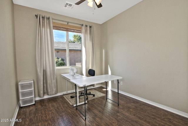 home office featuring ceiling fan and wood-type flooring