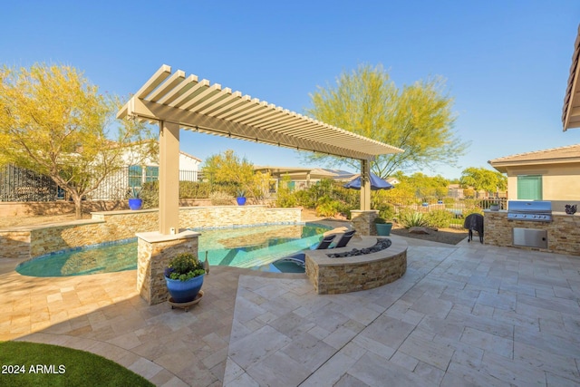 view of patio featuring a fenced in pool, a pergola, area for grilling, a grill, and an outdoor fire pit