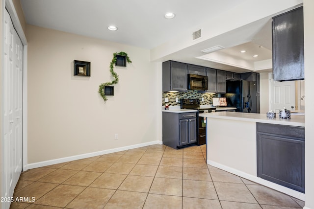 1342 W Emerald Ave Unit 286, Mesa, AZ 85202 - kitchen featuring black appliances, light countertops, light tile patterned floors, tasteful backsplash, and recessed lighting