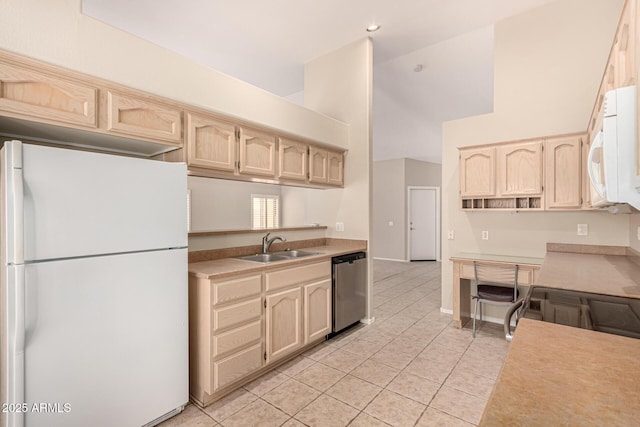 15011 W Verde Ln, Goodyear, AZ 85395 - kitchen featuring white appliances, light brown cabinets, high vaulted ceiling, light tile patterned floors, and light countertops