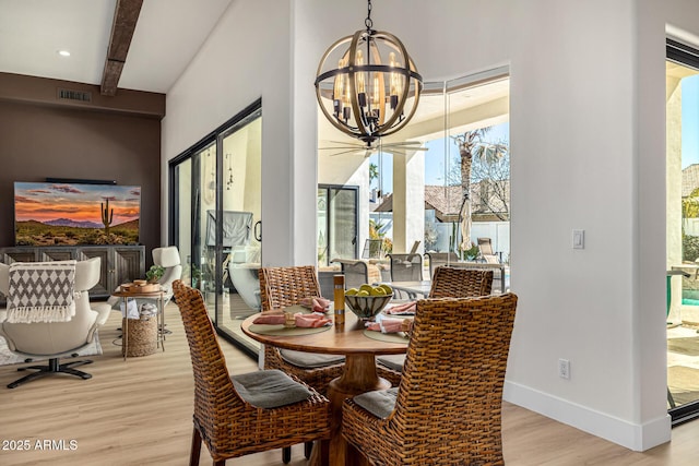 dining space with light wood-style flooring, a notable chandelier, visible vents, baseboards, and beamed ceiling