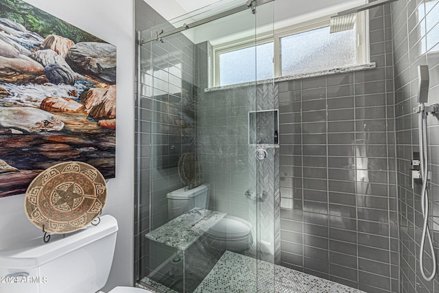 bathroom featuring a stall shower and toilet