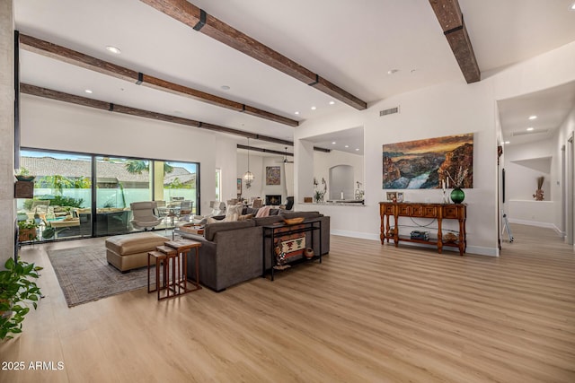 living room featuring recessed lighting, visible vents, baseboards, beam ceiling, and light wood finished floors