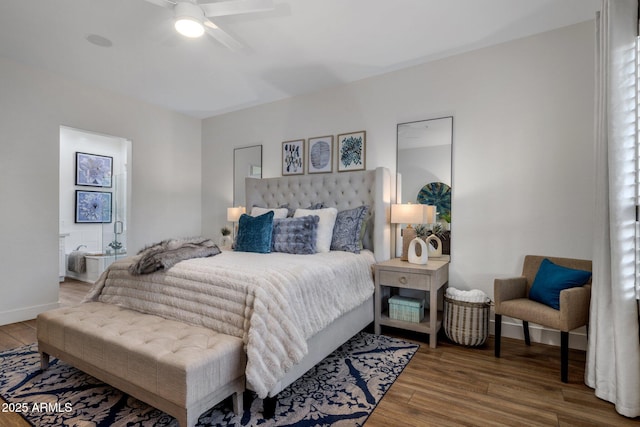 bedroom with wood-type flooring and ceiling fan