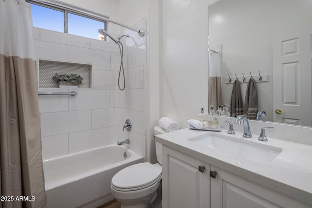 full bathroom with toilet, vanity, and shower / tub combo