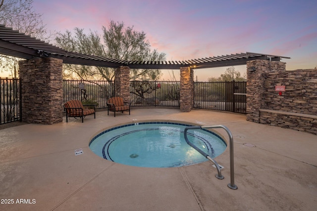 pool at dusk featuring a community hot tub and a patio