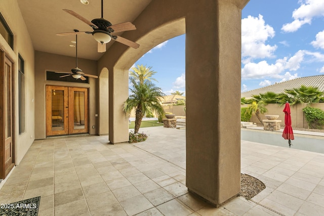 4401 E Taurus Pl, Chandler, AZ 85249 - view of patio / terrace featuring french doors, fence, and ceiling fan