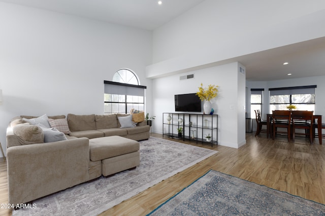 living room with plenty of natural light, a high ceiling, and hardwood / wood-style flooring