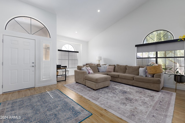 living room with light wood-type flooring and high vaulted ceiling