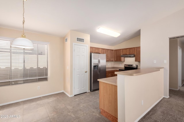 kitchen featuring visible vents, under cabinet range hood, light countertops, brown cabinets, and stainless steel appliances