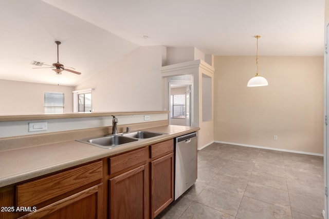 kitchen with a sink, decorative light fixtures, lofted ceiling, dishwasher, and ceiling fan