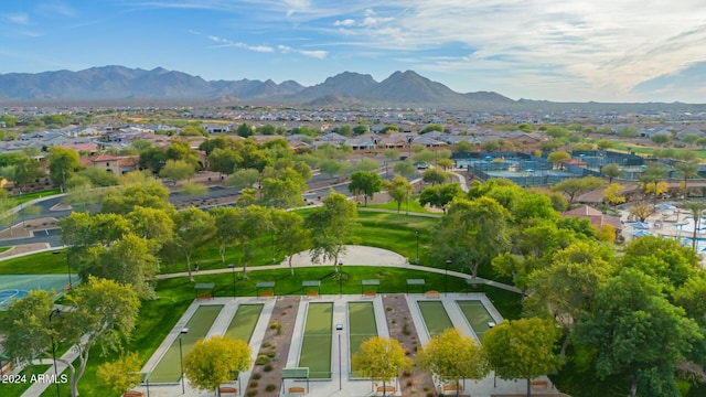 aerial view with a mountain view and a residential view