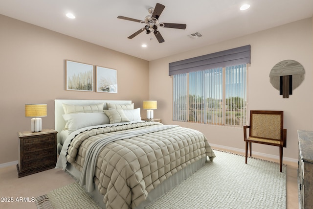 bedroom with visible vents, recessed lighting, baseboards, light colored carpet, and ceiling fan