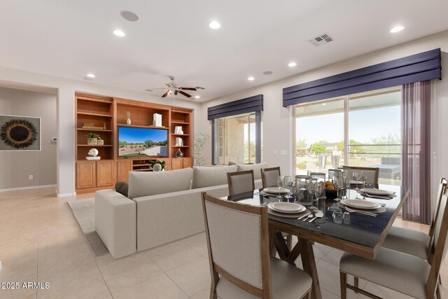 unfurnished living room featuring recessed lighting, visible vents, baseboards, and a ceiling fan