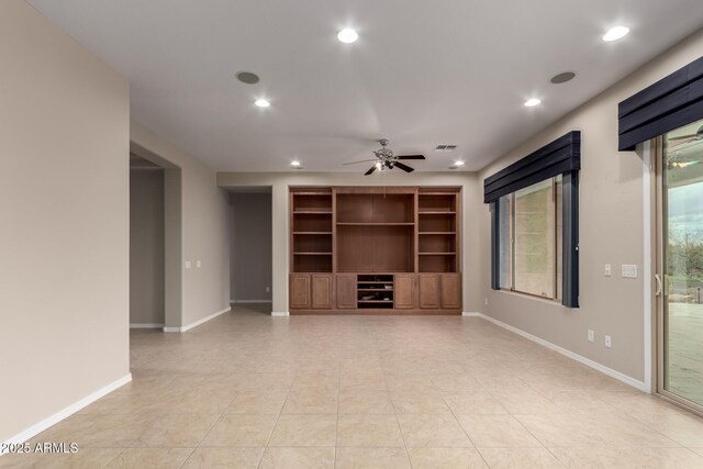 unfurnished living room featuring a ceiling fan, light tile patterned floors, recessed lighting, and baseboards