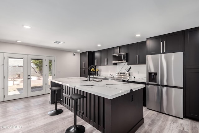 3008 W Michigan Ave, Phoenix, AZ 85053 - kitchen featuring a kitchen bar, visible vents, stainless steel appliances, light wood-style flooring, and an island with sink