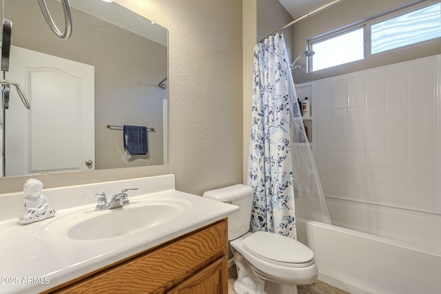 26842 N 176th Ln, Surprise, AZ 85387 - full bath featuring toilet, shower / bathtub combination with curtain, vanity, and a textured wall