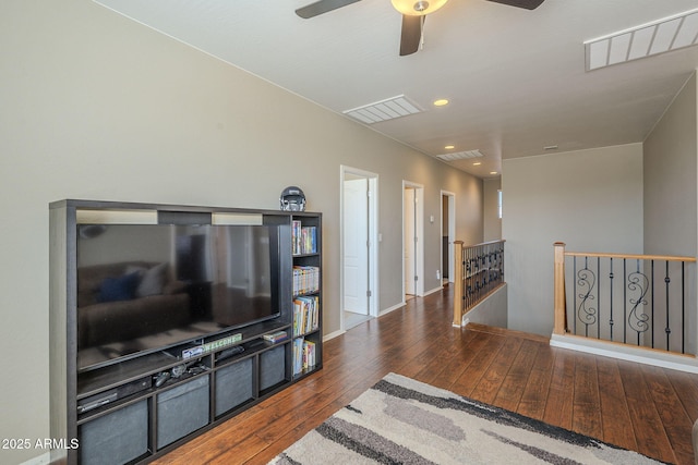 26842 N 176th Ln, Surprise, AZ 85387 - living room with visible vents, baseboards, a ceiling fan, recessed lighting, and hardwood / wood-style floors