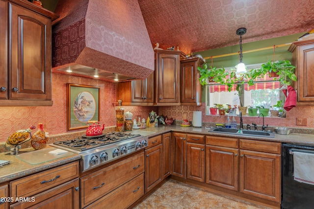 1702 W Monterosa St W, Phoenix, AZ 85015 - kitchen with a sink, black dishwasher, premium range hood, stainless steel gas stovetop, and brown cabinets