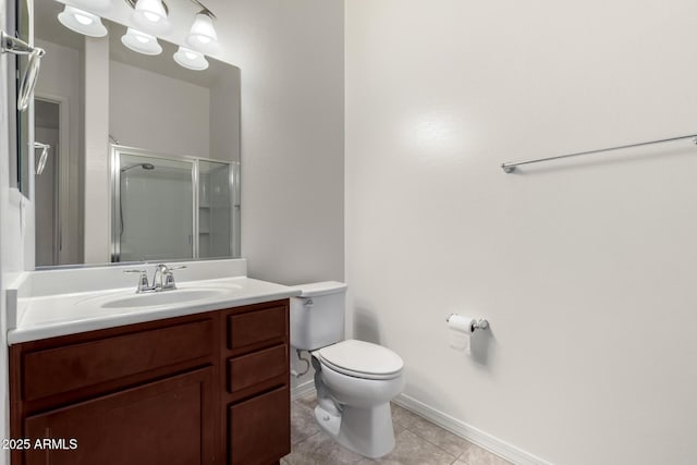 bathroom with tile patterned floors, vanity, toilet, and walk in shower