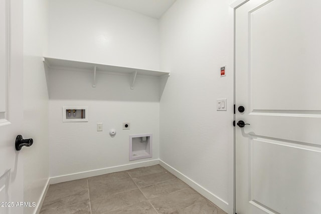washroom with hookup for an electric dryer, gas dryer hookup, washer hookup, baseboards, and light tile patterned floors