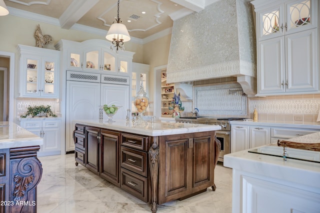 kitchen featuring custom range hood, dark brown cabinetry, and white cabinets