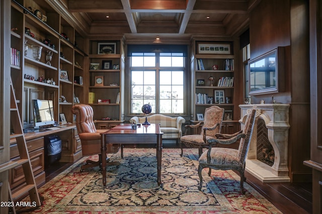 home office with beam ceiling, coffered ceiling, dark wood-type flooring, and built in features