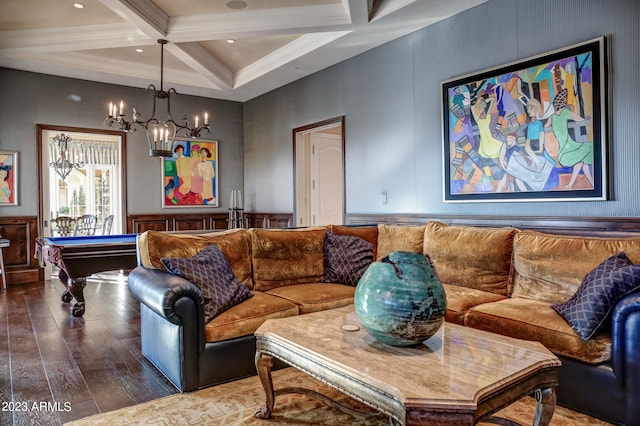 living room featuring beamed ceiling, ornamental molding, coffered ceiling, hardwood / wood-style flooring, and billiards