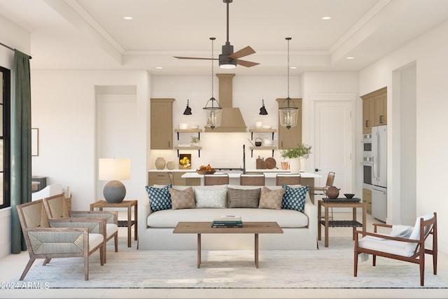 living area with ornamental molding, a raised ceiling, a ceiling fan, and recessed lighting