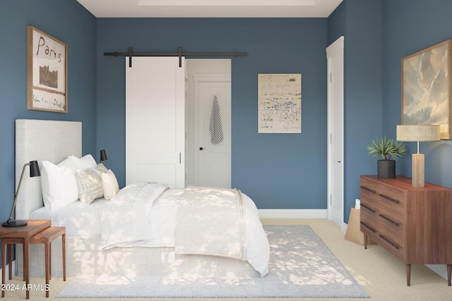 bedroom featuring a closet, light carpet, baseboards, and a barn door