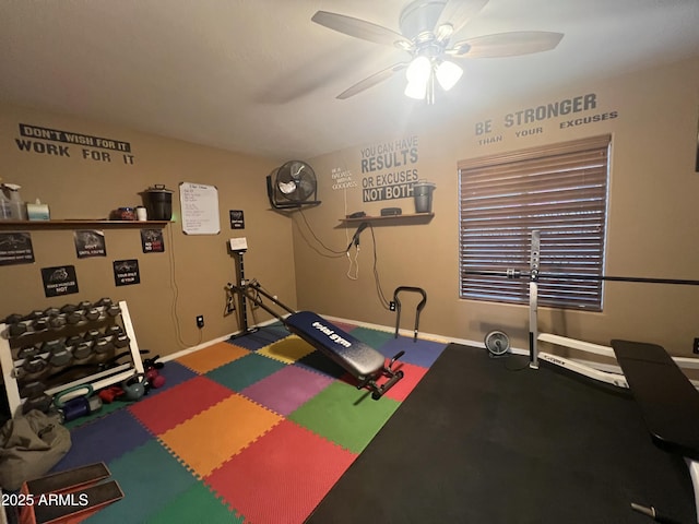 exercise area with ceiling fan