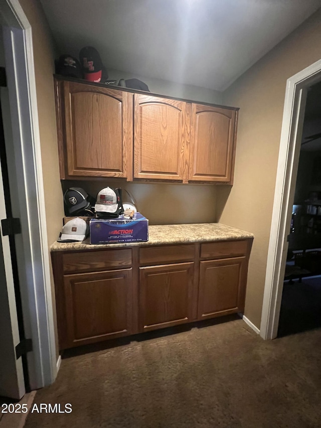 kitchen featuring dark carpet