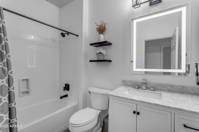 bathroom with shower / bath combo with shower curtain, vanity, and toilet