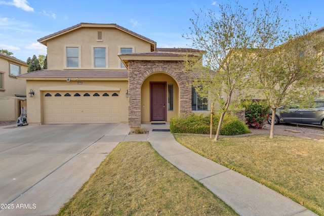 traditional home with concrete driveway, stucco siding, stone siding, a front lawn, and a garage