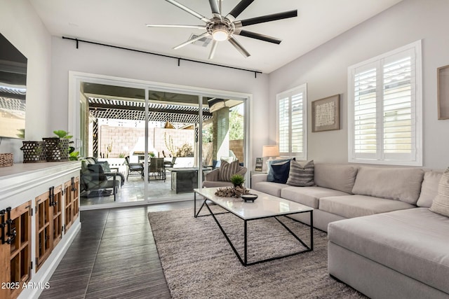 living room with ceiling fan