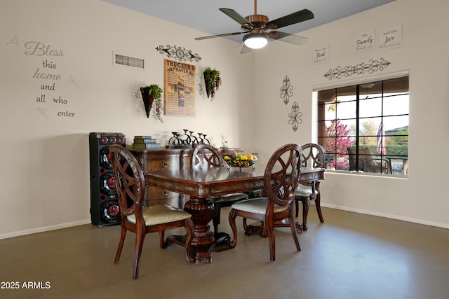 19519 W Minnezona Ave, Litchfield Park, AZ 85340 - dining space featuring visible vents, baseboards, a ceiling fan, and finished concrete flooring