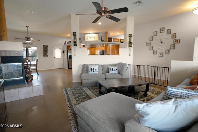 19519 W Minnezona Ave, Litchfield Park, AZ 85340 - living room with recessed lighting, visible vents, concrete flooring, and ceiling fan